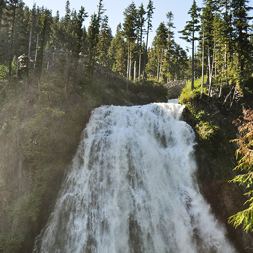 Narada Falls drops a total of 188 feet in two tiers, crossing the Mount Rainier Highway in the process.